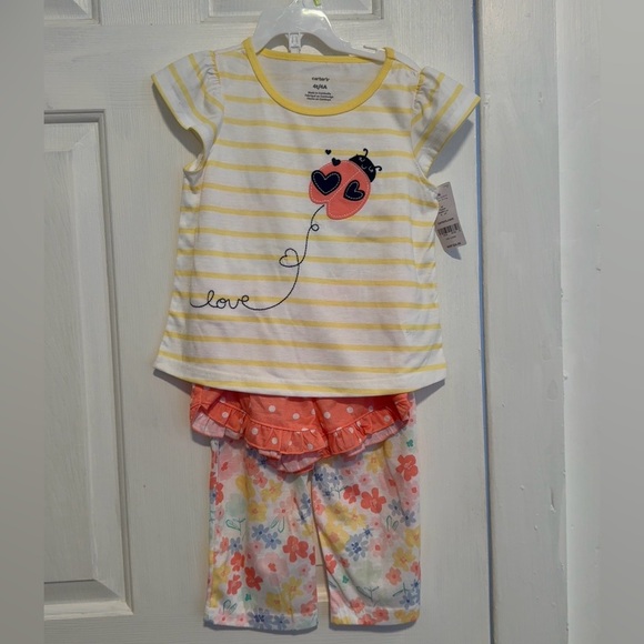 Carter's Other - Carter's Yellow Stripe Top with Coral Ruffle Shorts & Floral Pants Pajama Set